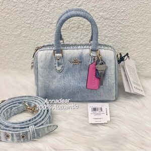NWT Coach CDY30 Mini Rowan Crossbody Bag In Loved Denim With Charms light indigo